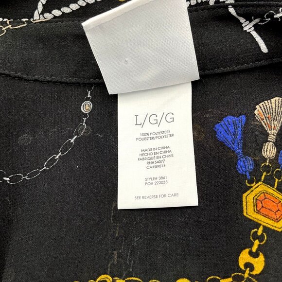 CABI Long Sleeve Button Front Victoria Status Print Semi Sheer Blouse LG - Picture 8 of 10